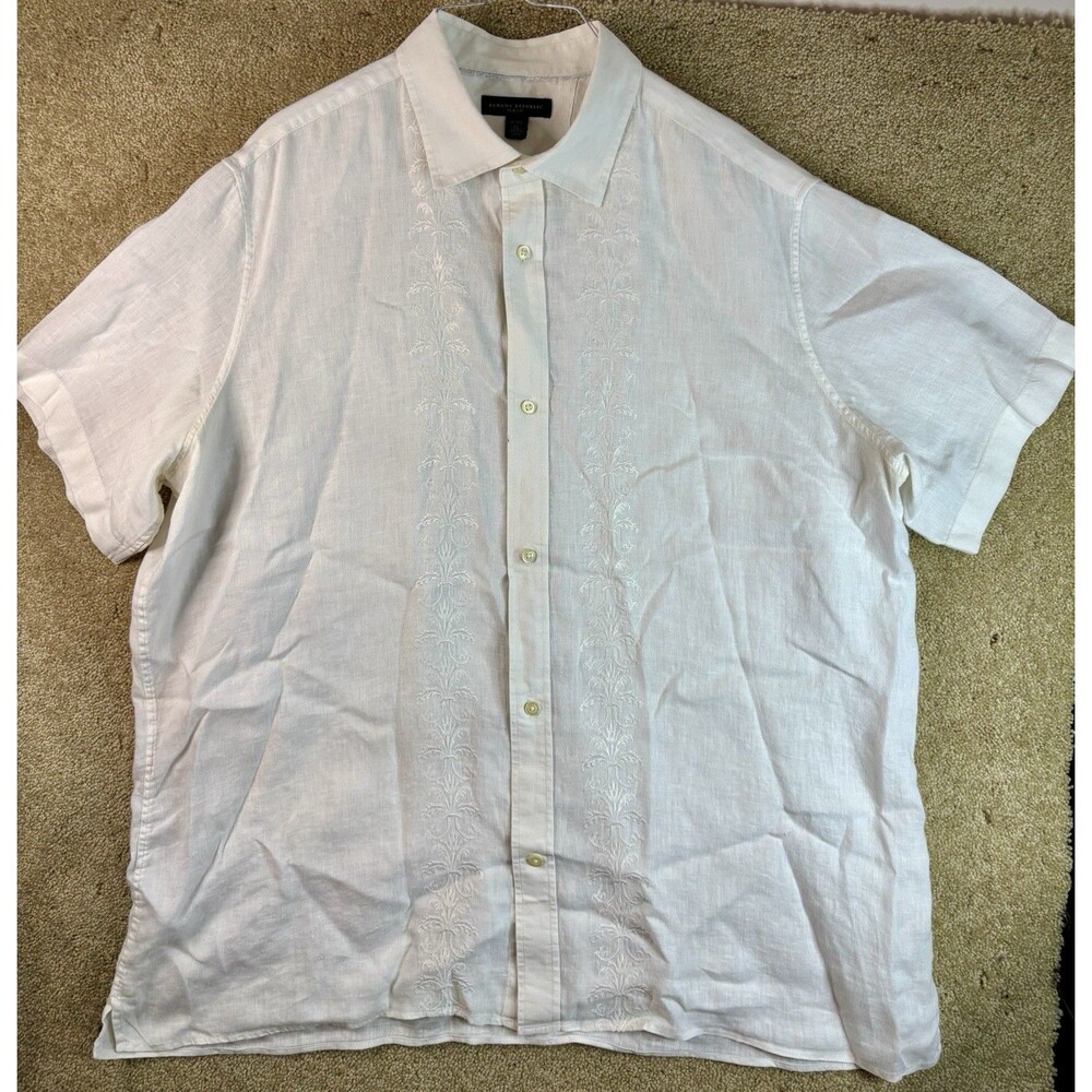 Banana Republic Men Guayabera Style Shirt 100% Linen Embroidered Design Cream XL